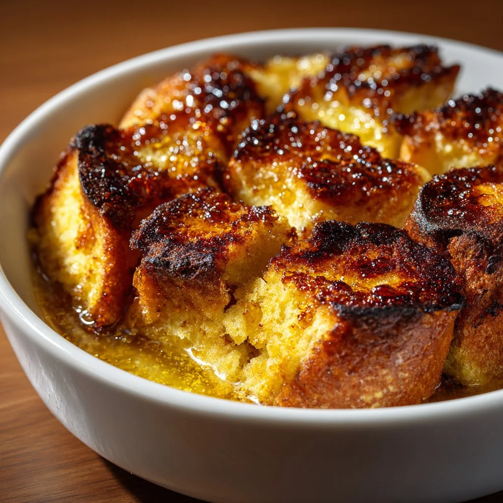 Decadent brûléed French toast casserole baked to perfection with a caramelized top.
