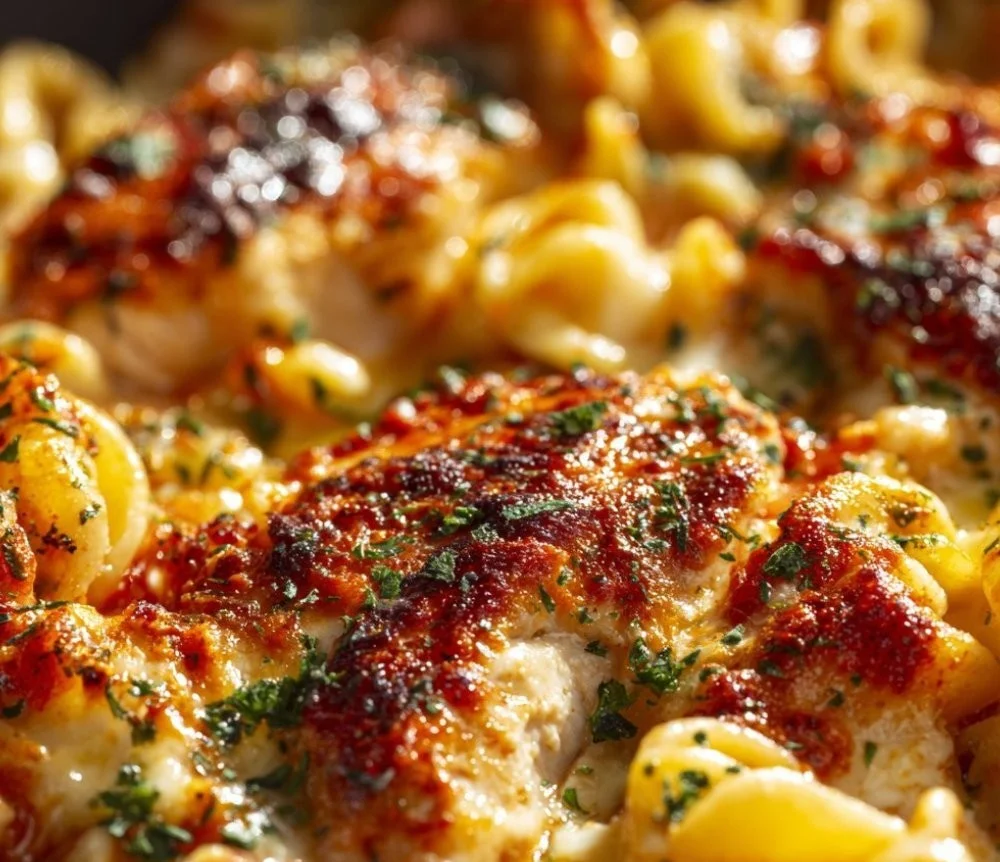 Delicious Easy Chicken Marinara Pasta Bake with cheese and herbs