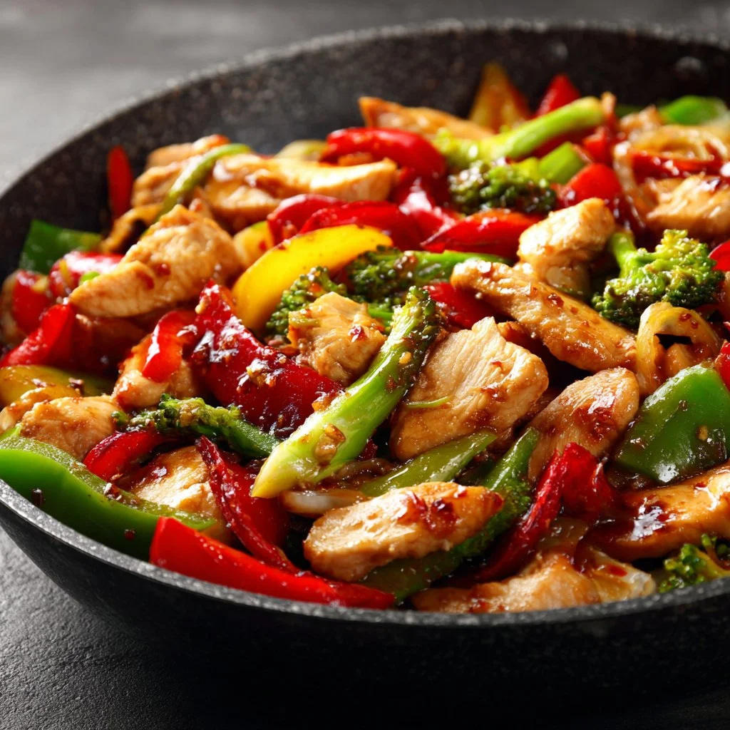 Easy chicken stir fry with colorful veggies in a sauté pan