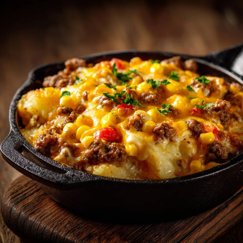 Easy cowboy casserole baked in a skillet with ground beef and cheese