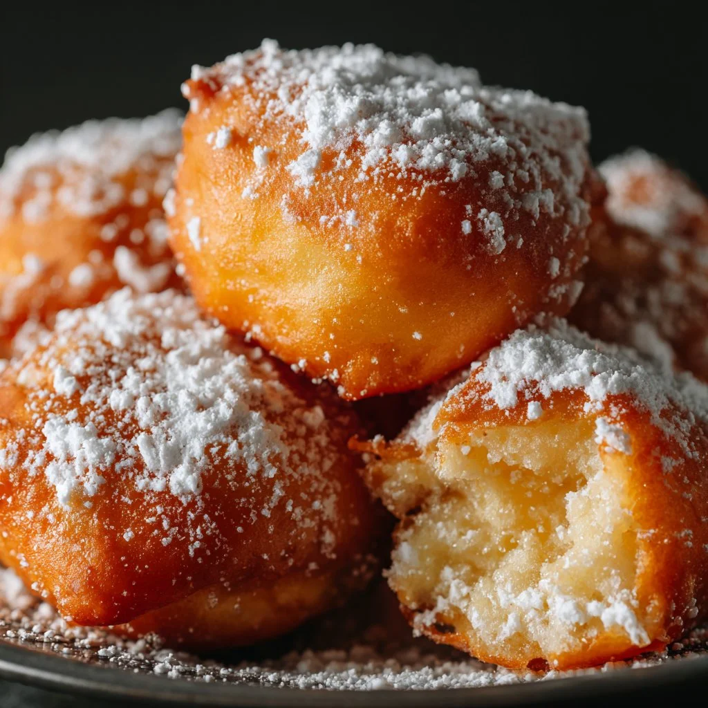 A plate of easy homemade beignets dusted with powdered sugar