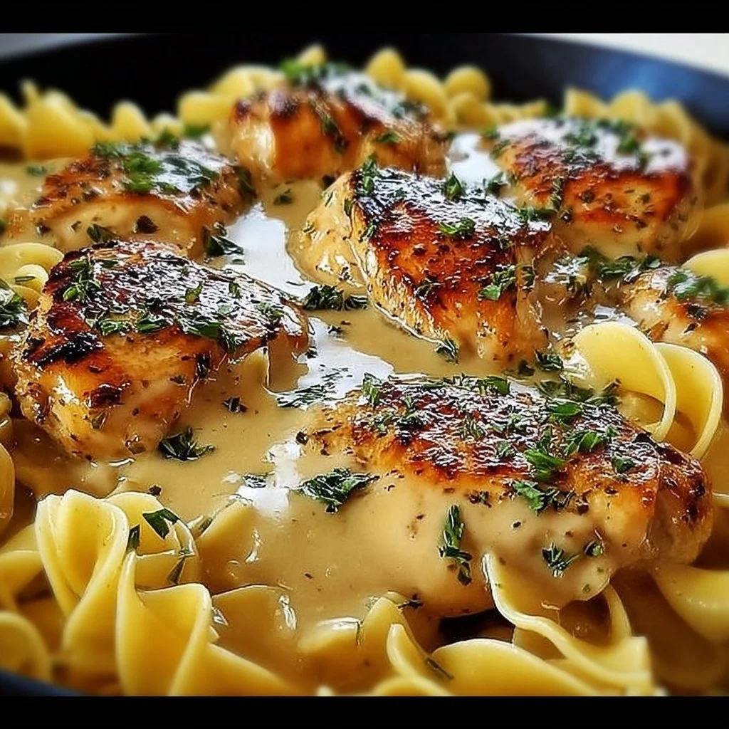 Delicious one-pan chicken served with buttered noodles on a plate