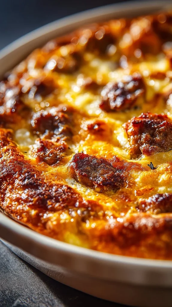 Delicious family-style sausage breakfast casserole baked in a dish