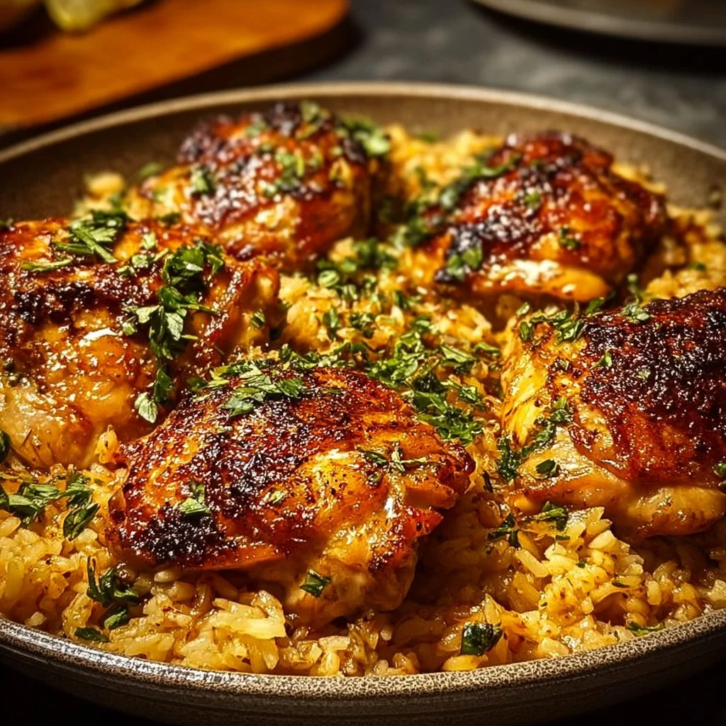 A delicious plate of Forgotten Chicken and Rice garnished with fresh herbs.