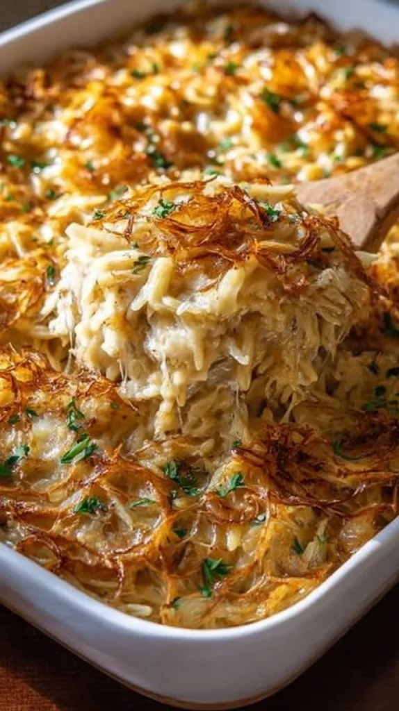 Delicious French onion chicken orzo casserole topped with melted cheese.
