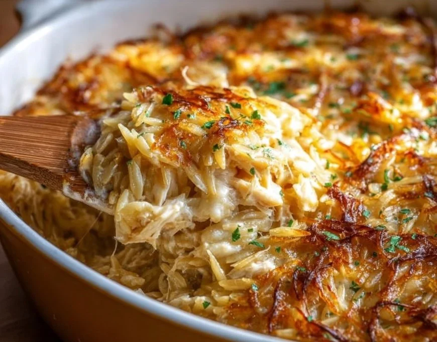 Delicious French Onion Chicken Orzo Casserole served in a dish
