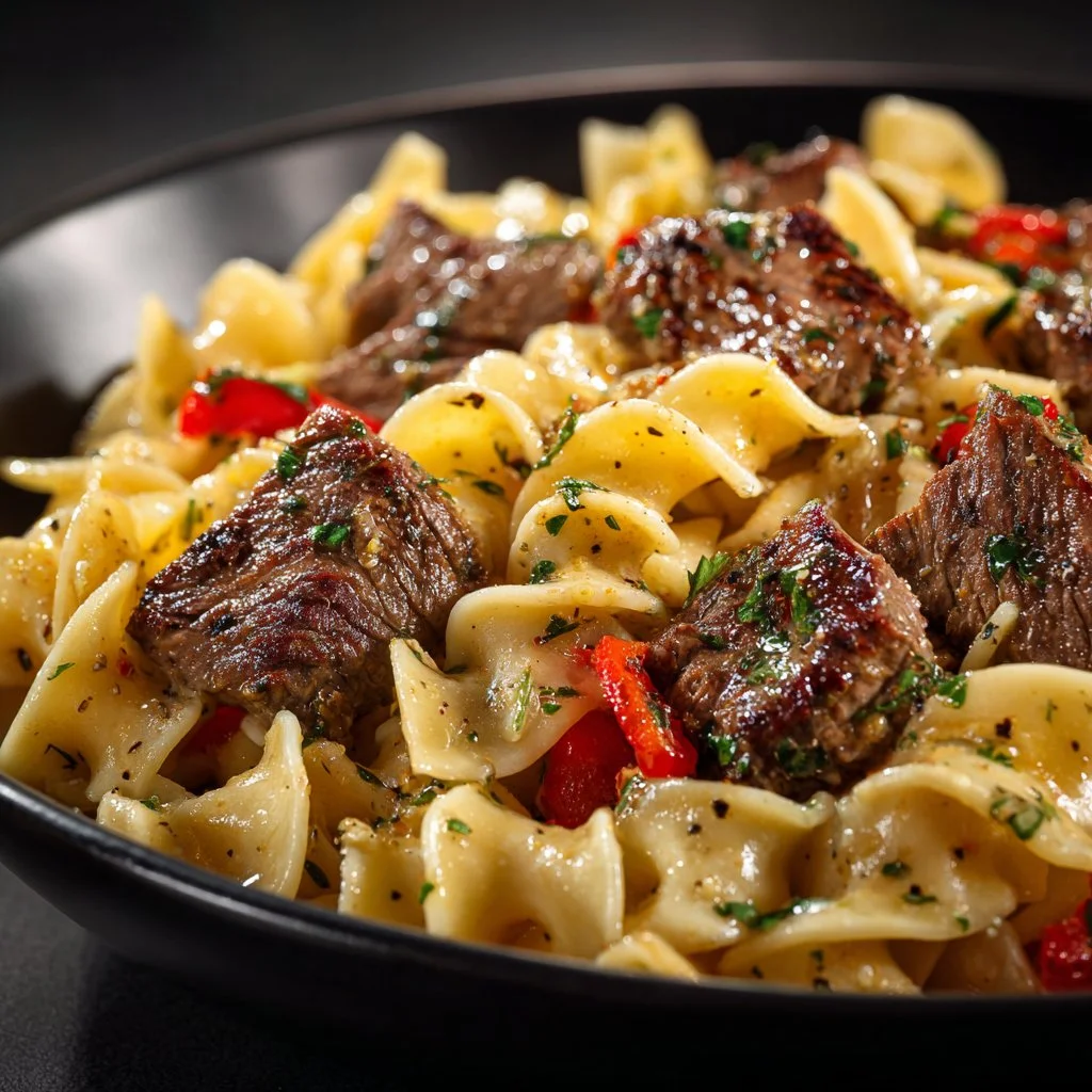 Delicious Garlic Butter Steak Pasta served with fresh herbs and parmesan cheese.