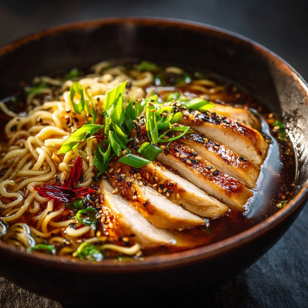 Delicious Garlic Soy Chicken Ramen Bowl topped with fresh ingredients