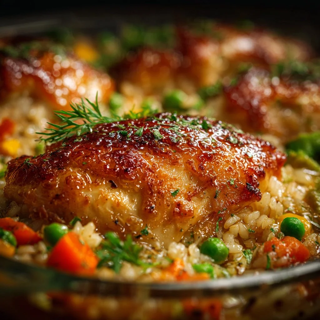Healthy chicken veggie bake with brown rice, colorful vegetables, and herbs