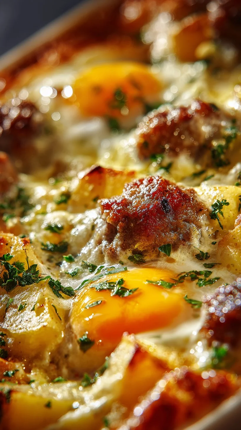 Hearty sausage breakfast bake in a baking dish with herbs and cheese