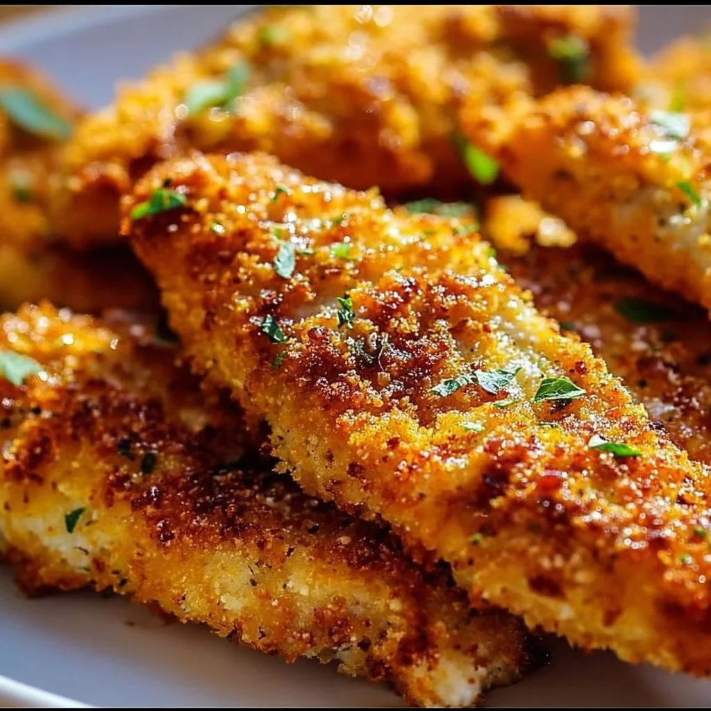Homemade baked chicken tenders served with dipping sauce on a plate.