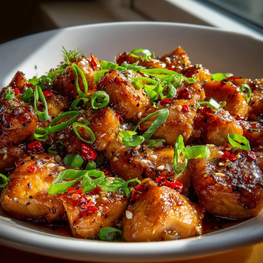 Honey Garlic Chicken Bites served in a bowl with garnishing