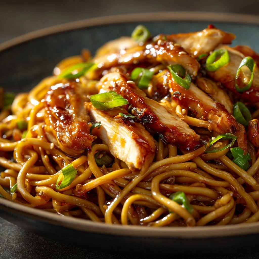 Plate of Honey Garlic Chicken Lo Mein with colorful vegetables and noodles