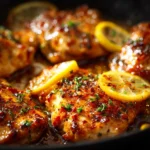 Honey lemon chicken skillet dish served with fresh vegetables