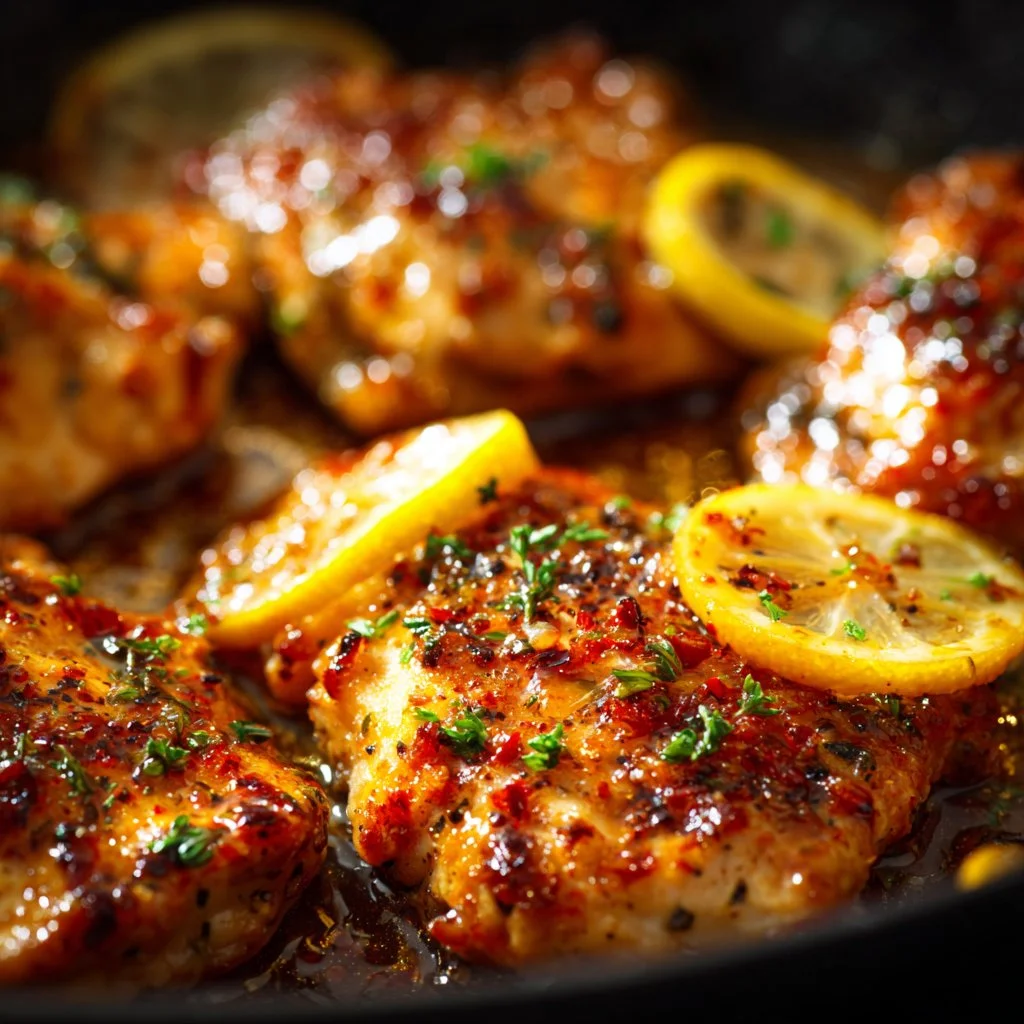 Honey lemon chicken skillet dish served with fresh vegetables
