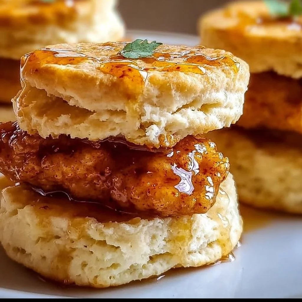 Delicious hot honey chicken biscuits served with a drizzle of honey.