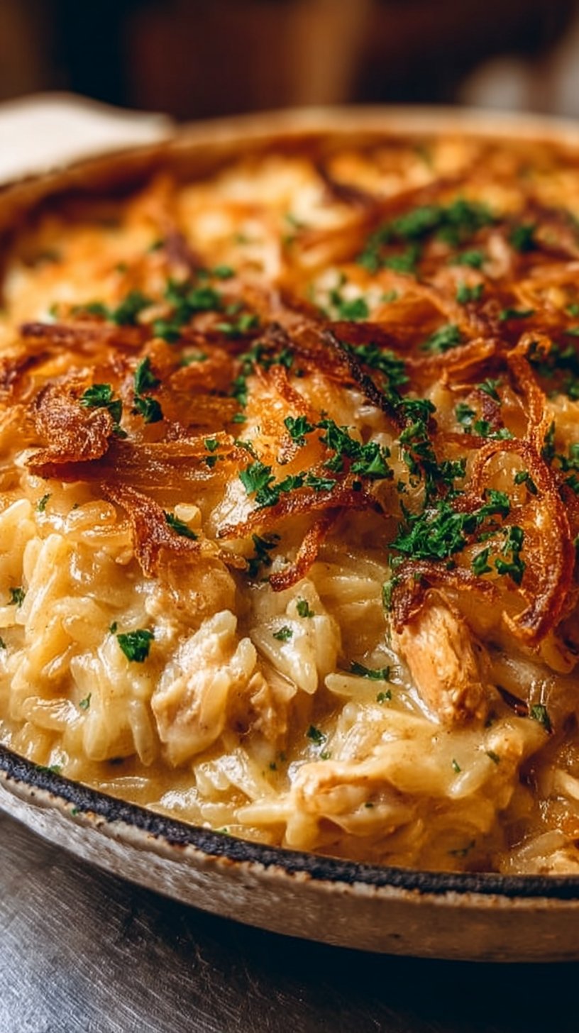French Onion Chicken Orzo Casserole