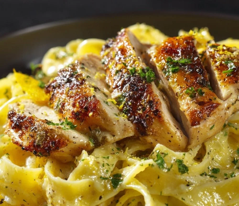 Delicious Lemon Butter Chicken Pasta served with herbs and cheese