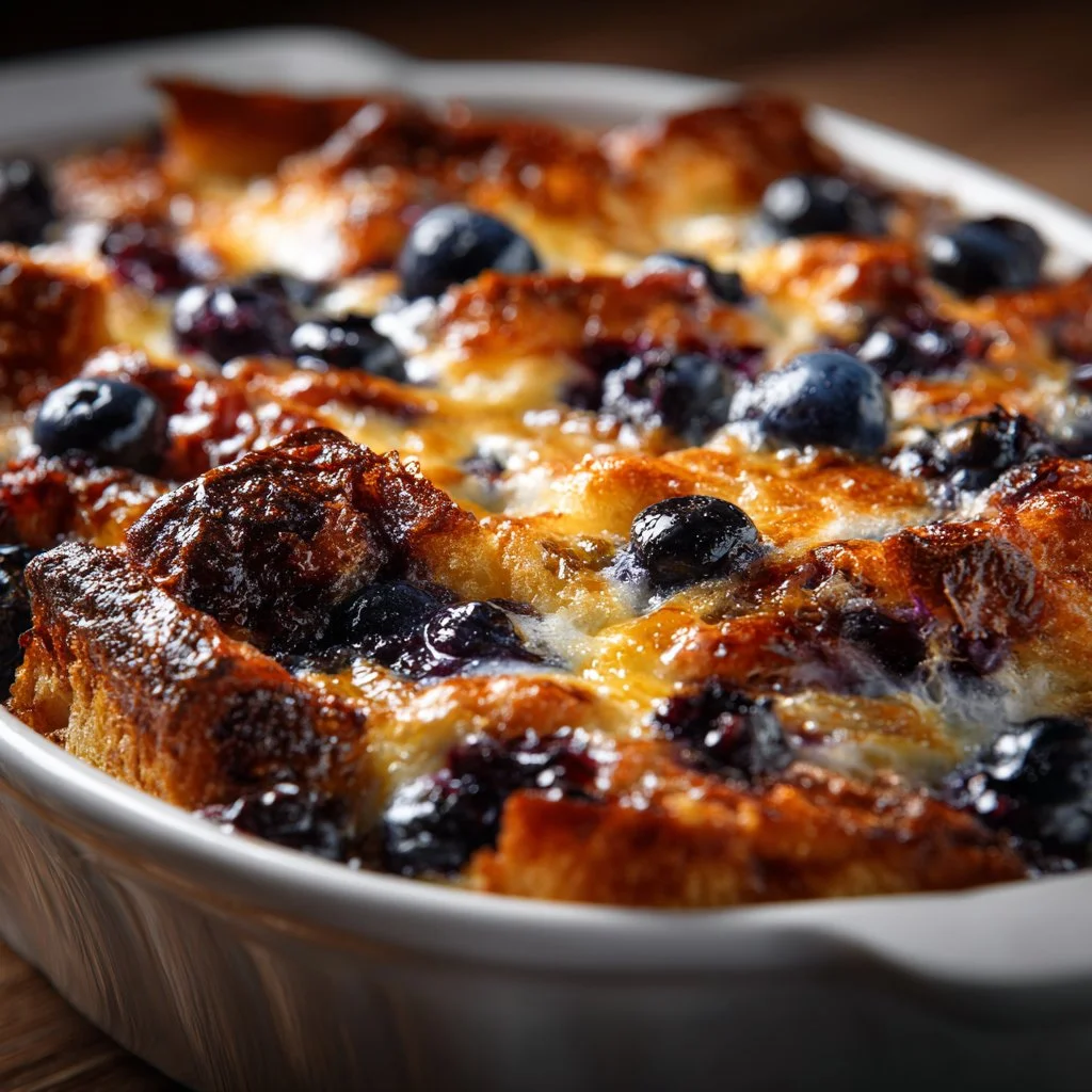 Delicious make-ahead blueberry brunch bake baked in a rustic dish