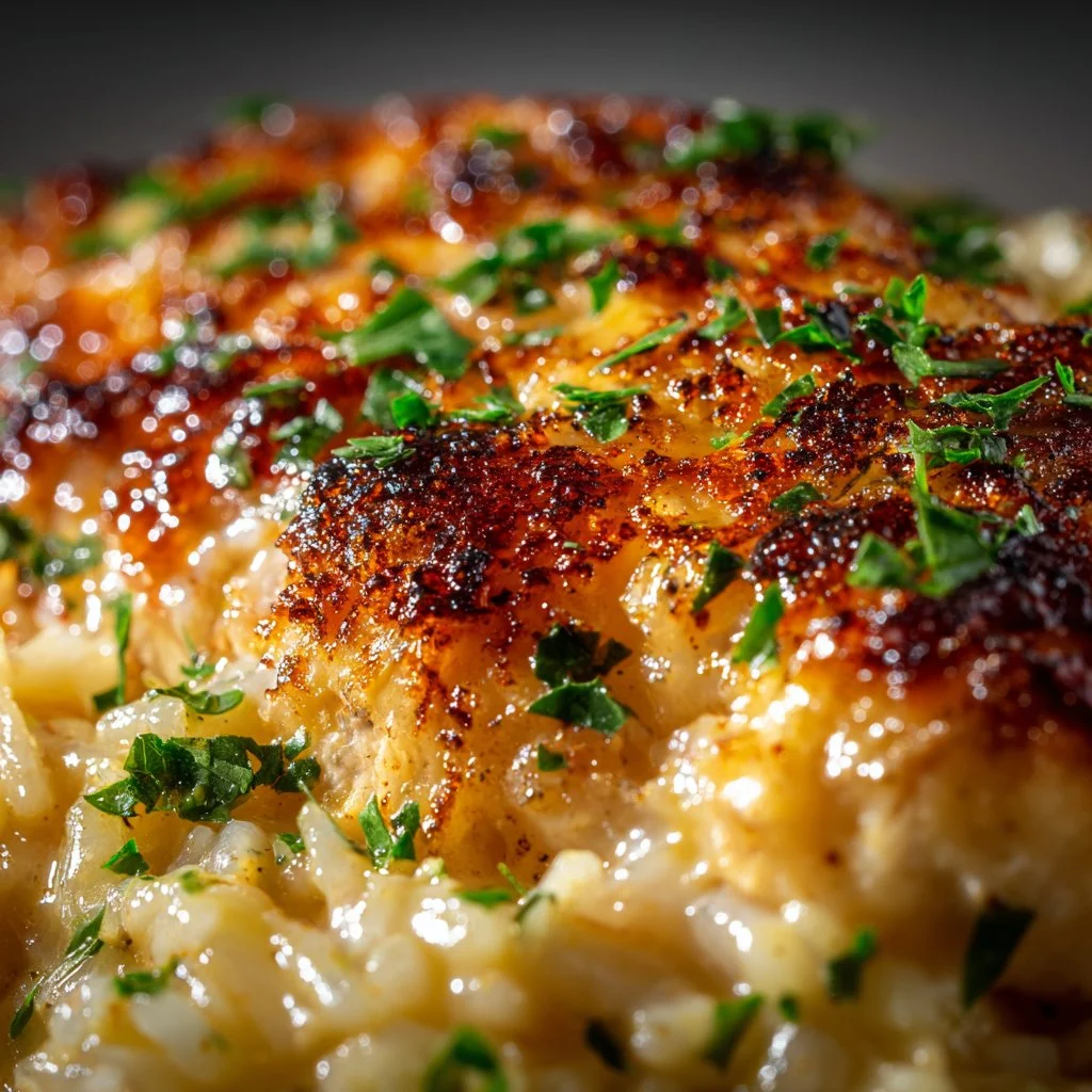 No-Peek Chicken and Rice Casserole baked in a casserole dish with herbs and chicken.