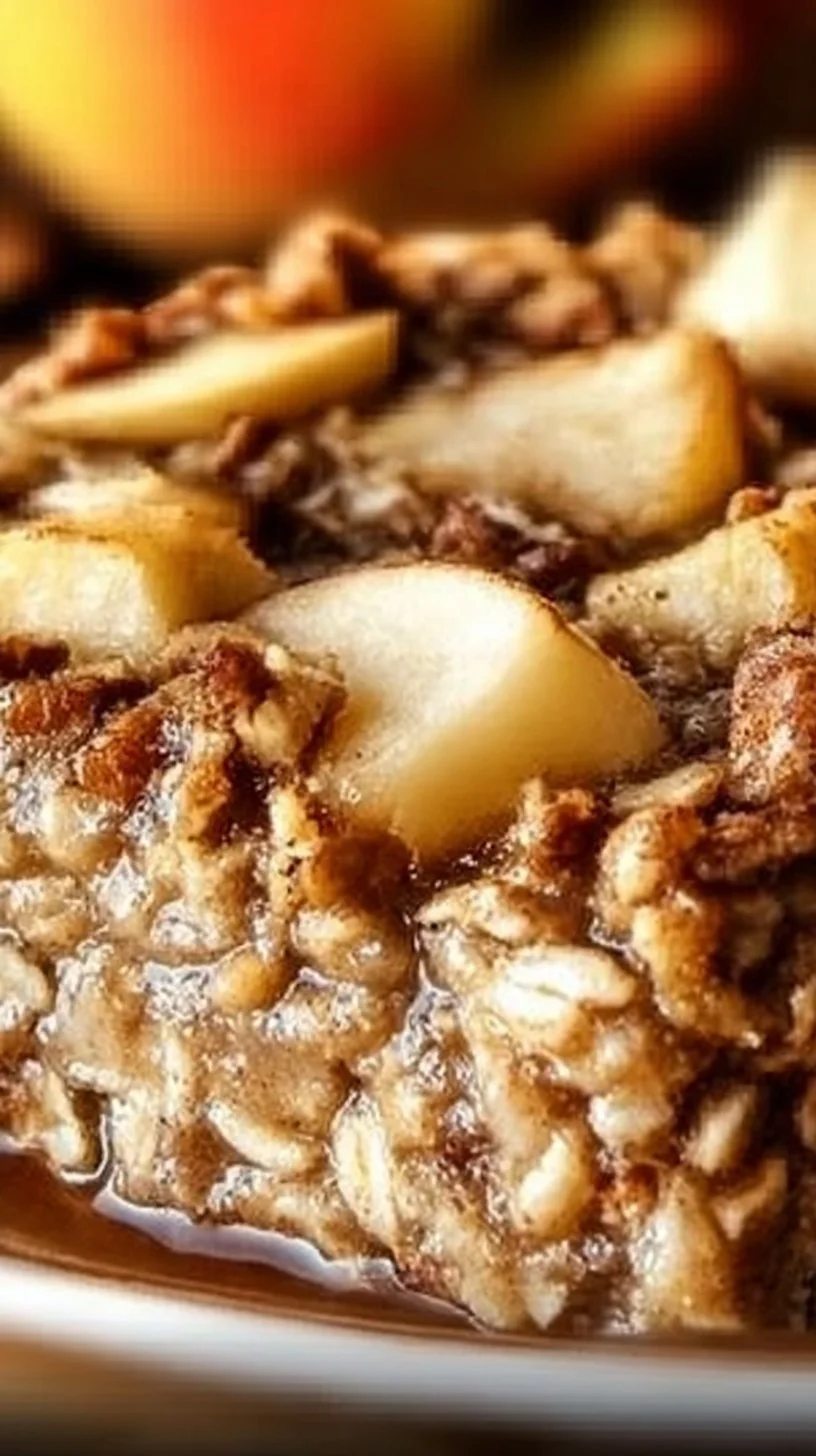Baked oatmeal apple breakfast with cinnamon and fresh apple slices