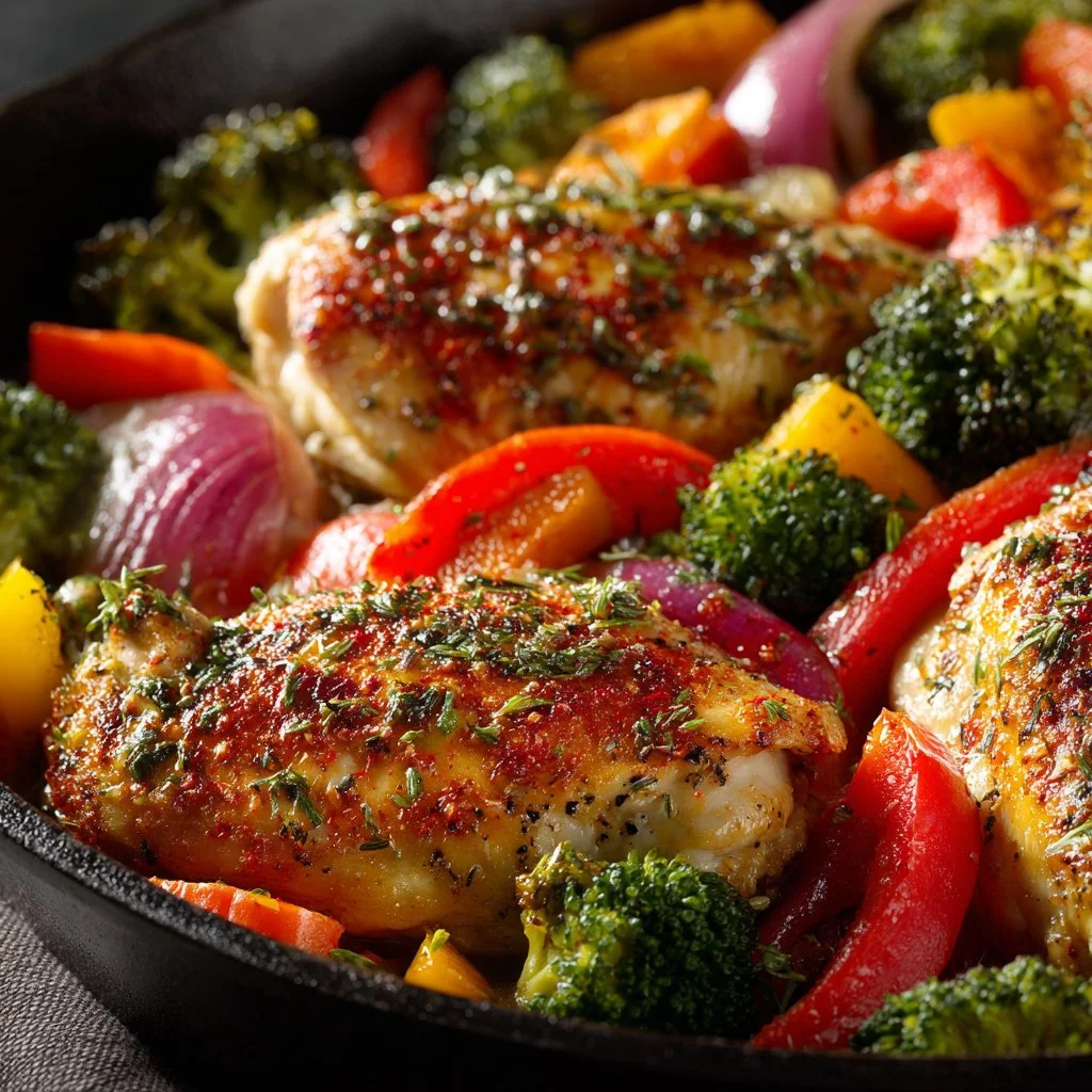 One-pan chicken and veggie roast with colorful vegetables