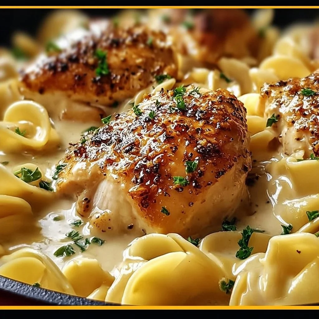 One-Pan Chicken served with Buttered Noodles on a plate
