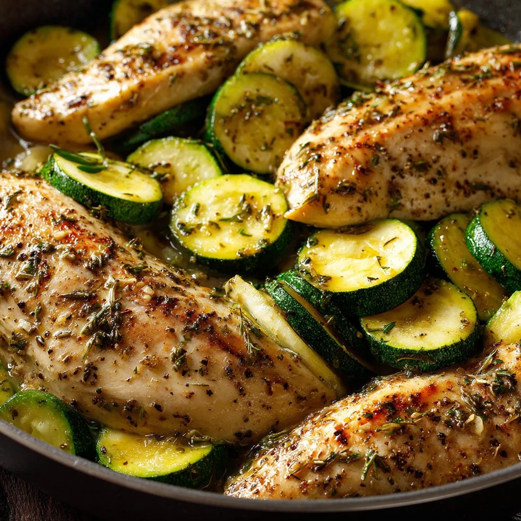 One-Pan Chicken Zucchini Dinner with vibrant vegetables and juicy chicken