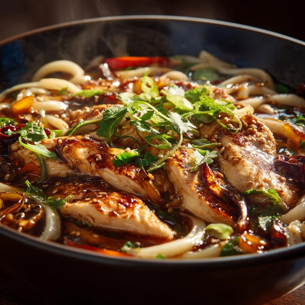 Delicious One-Pan Garlic Chicken Udon served with fresh vegetables