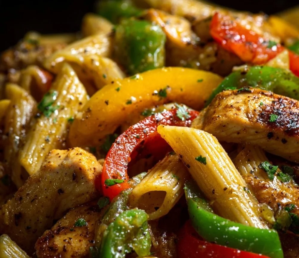 One-pot chicken fajita pasta dish with colorful vegetables