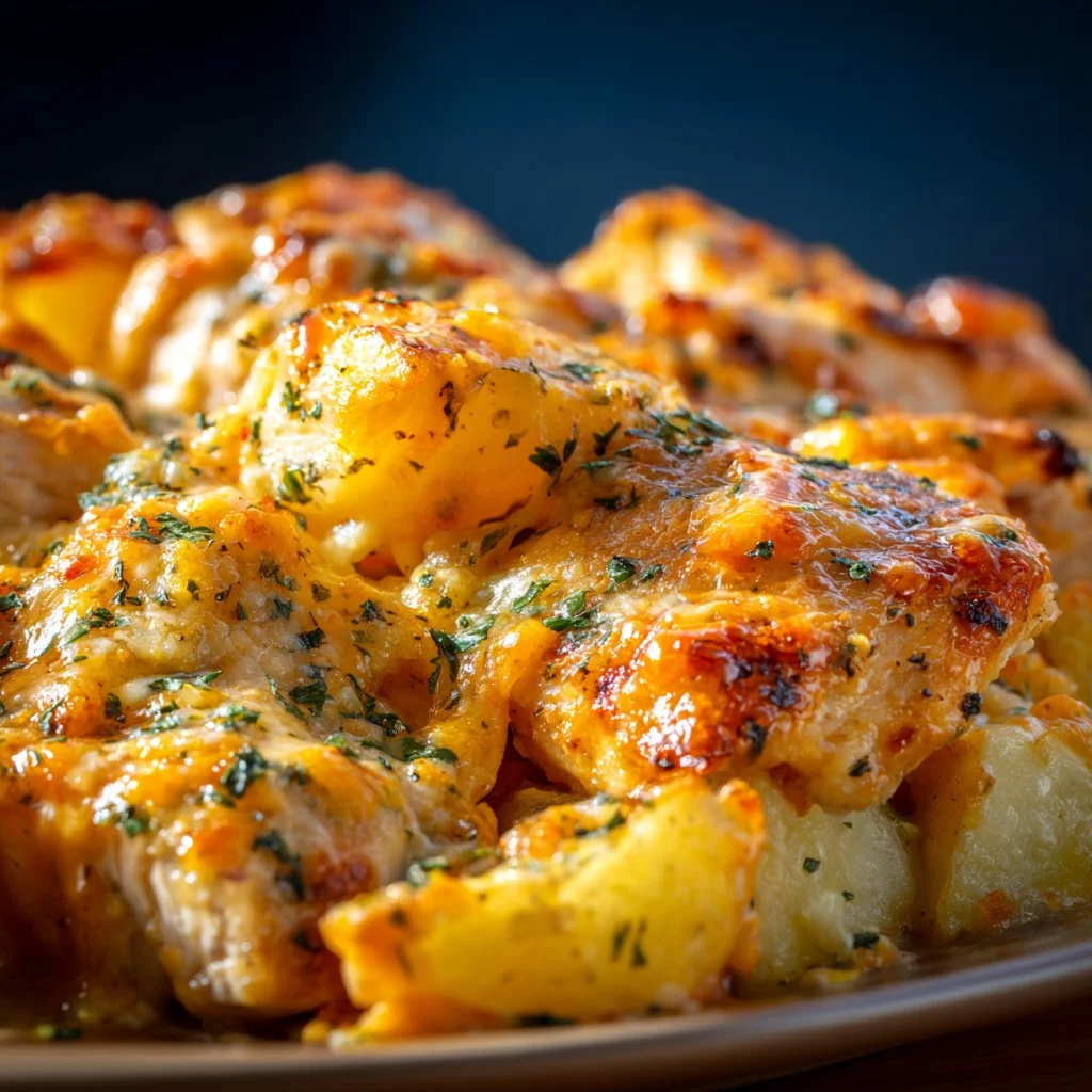 Ranch Chicken Potato Casserole topped with cheese and herbs in a baking dish