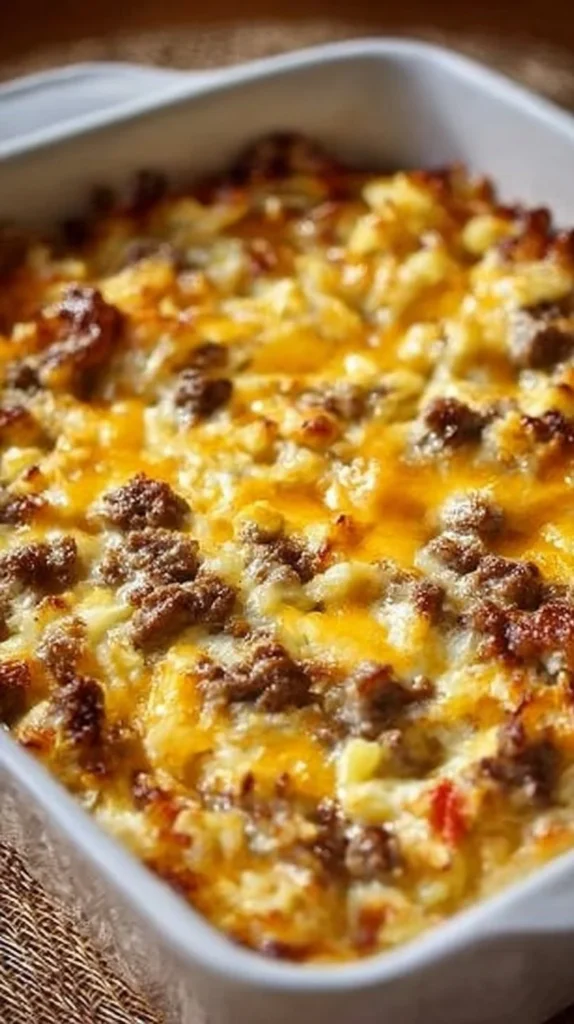 Sausage hash brown breakfast casserole baked and garnished