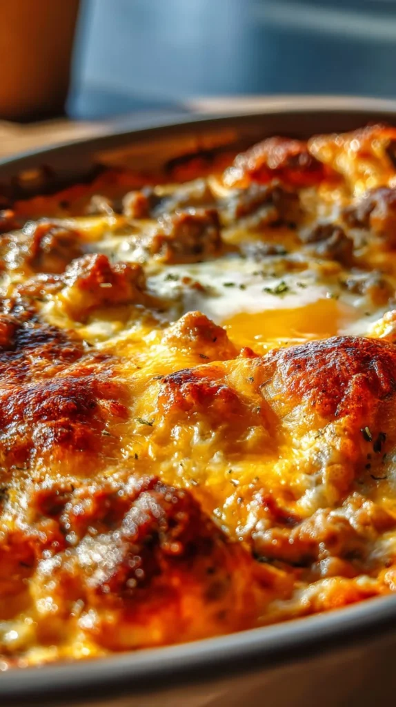 Savory breakfast enchilada bake with eggs, cheese, and salsa in a baking dish