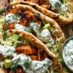 Sheet pan chicken pitas with herby ranch dressing served on a plate.