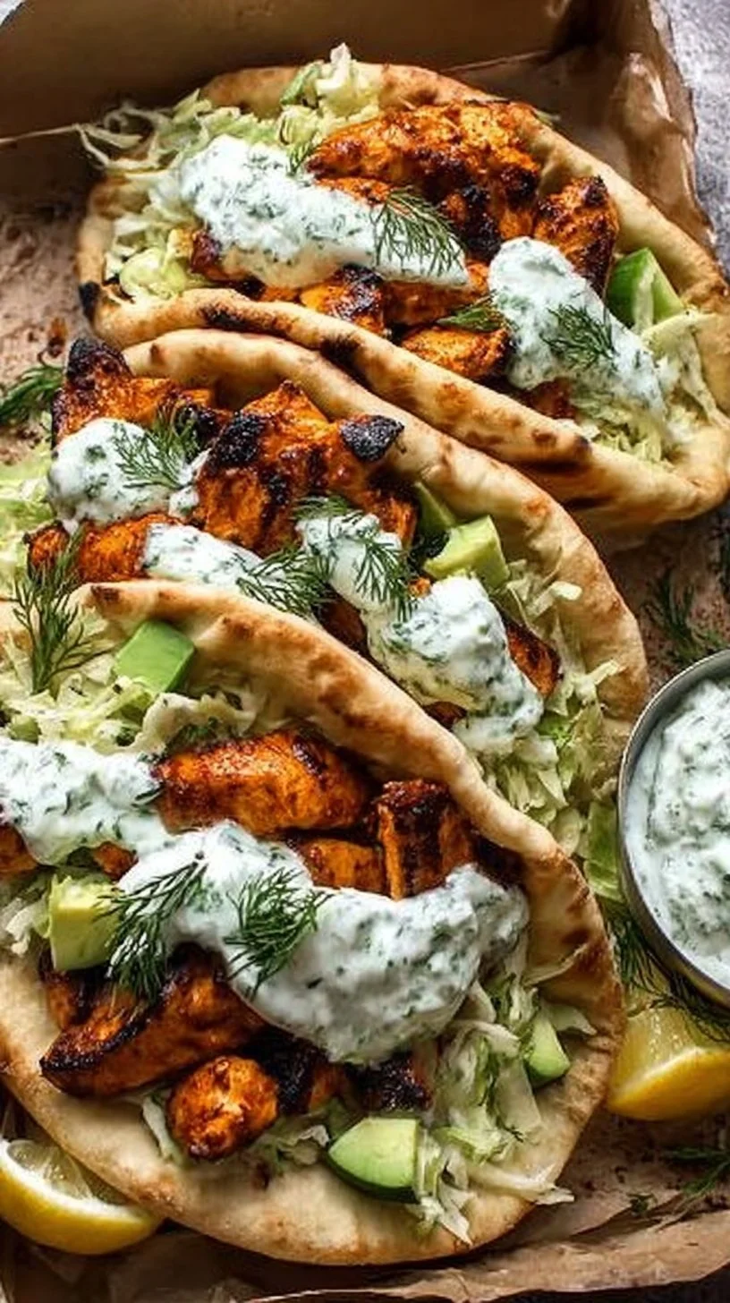 Sheet pan chicken pitas with herby ranch dressing served on a plate.