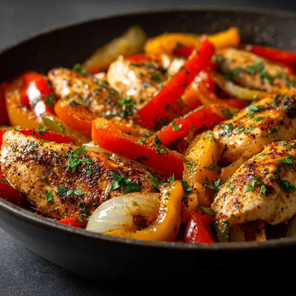 Simple skillet chicken cooked with colorful peppers in a pan, ready to serve.