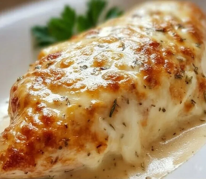 Delicious smothered cheesy sour cream chicken on a plate with garnishes.
