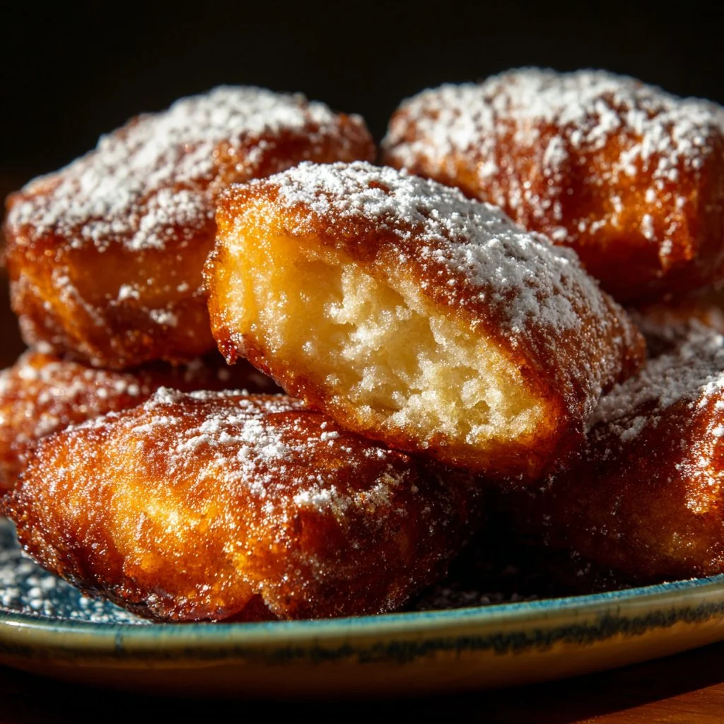 Soft and fluffy French Beignets on a plate, dusted with powdered sugar.