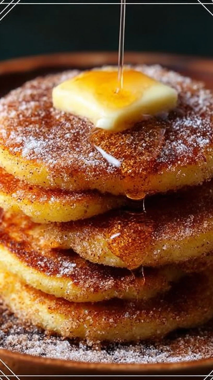 Delicious Spanish churro-inspired pancakes topped with cinnamon sugar and chocolate.