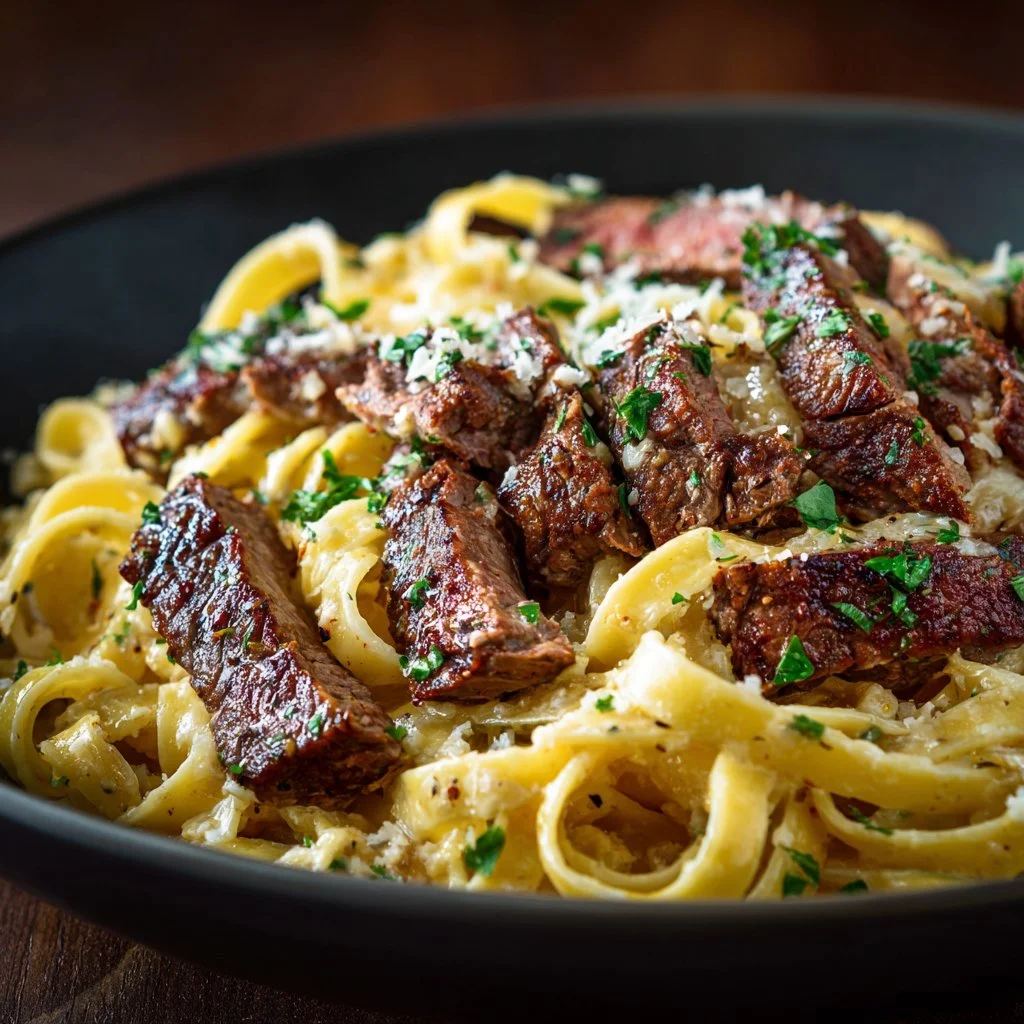 Delicious Cajun Steak Alfredo served in a creamy sauce with spices.