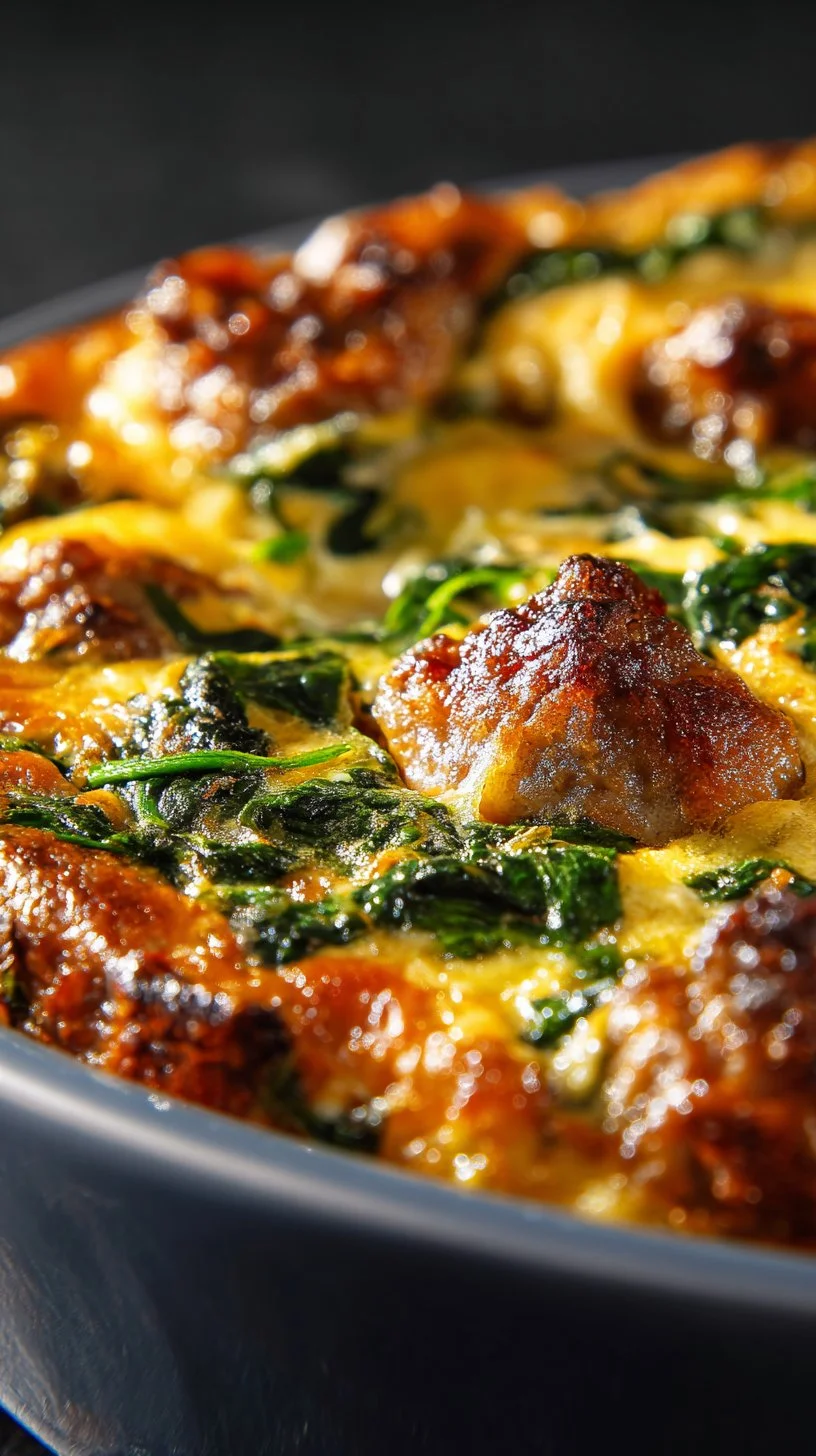 Delicious spinach and sausage breakfast casserole served in a baking dish