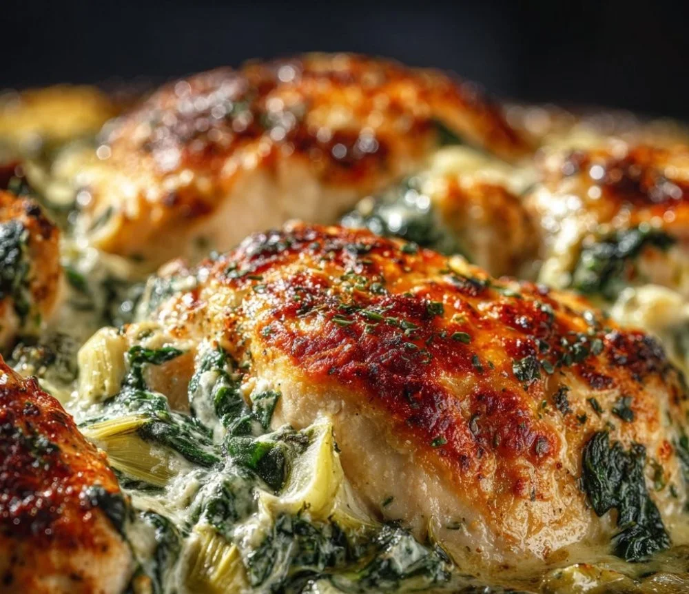 Spinach Artichoke Chicken Bake topped with cheese and fresh herbs