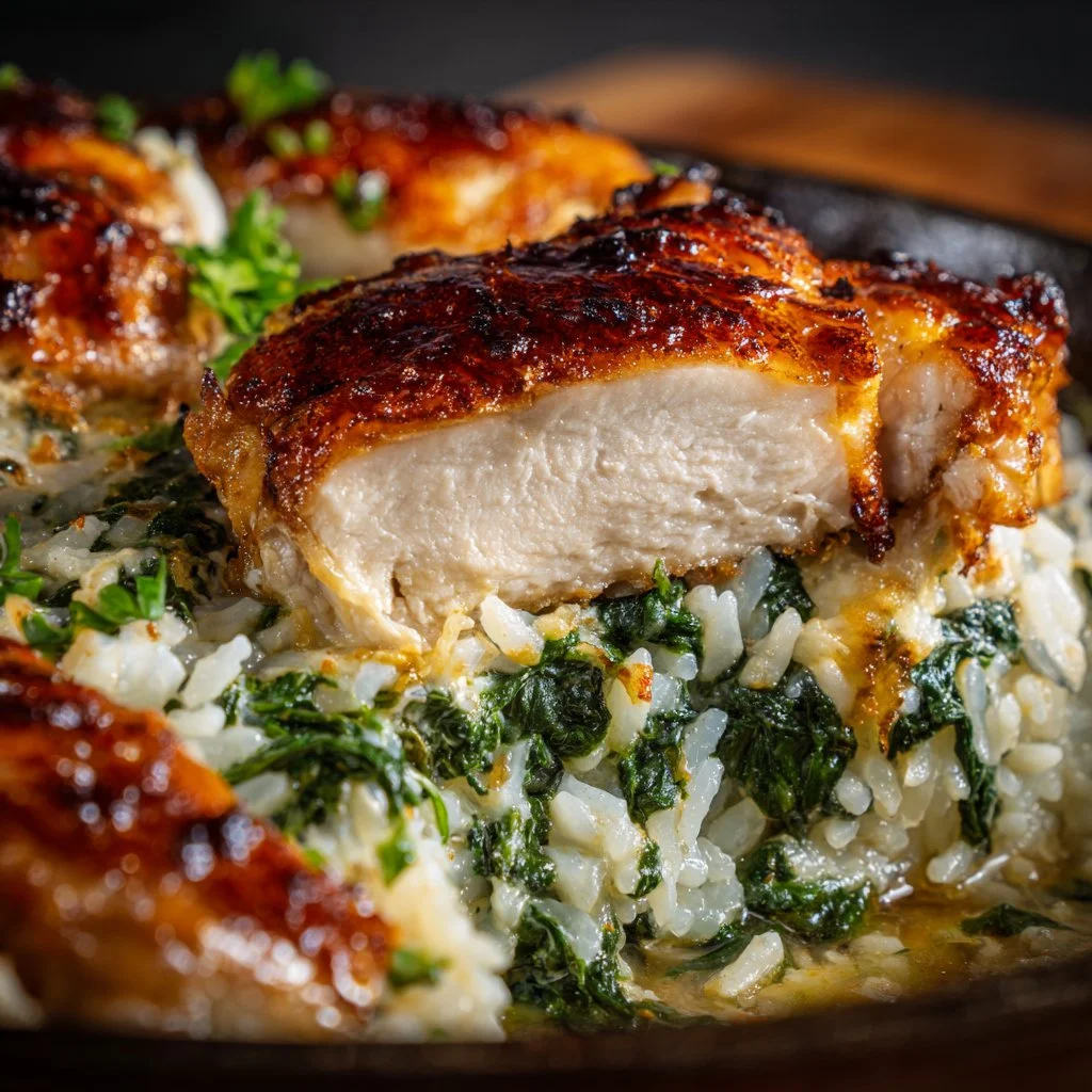 Delicious Spinach Chicken Rice Casserole baked to perfection