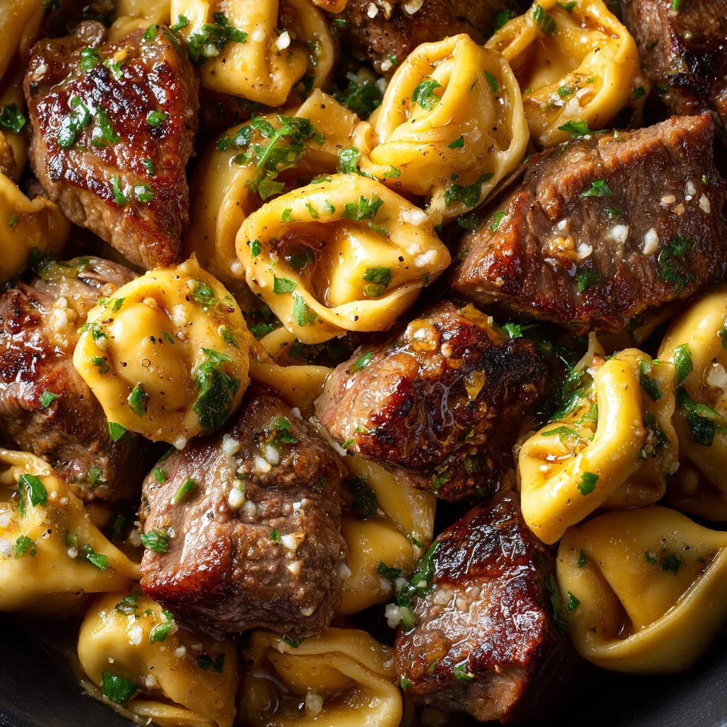 Delicious steak bites served with creamy cheese tortellini