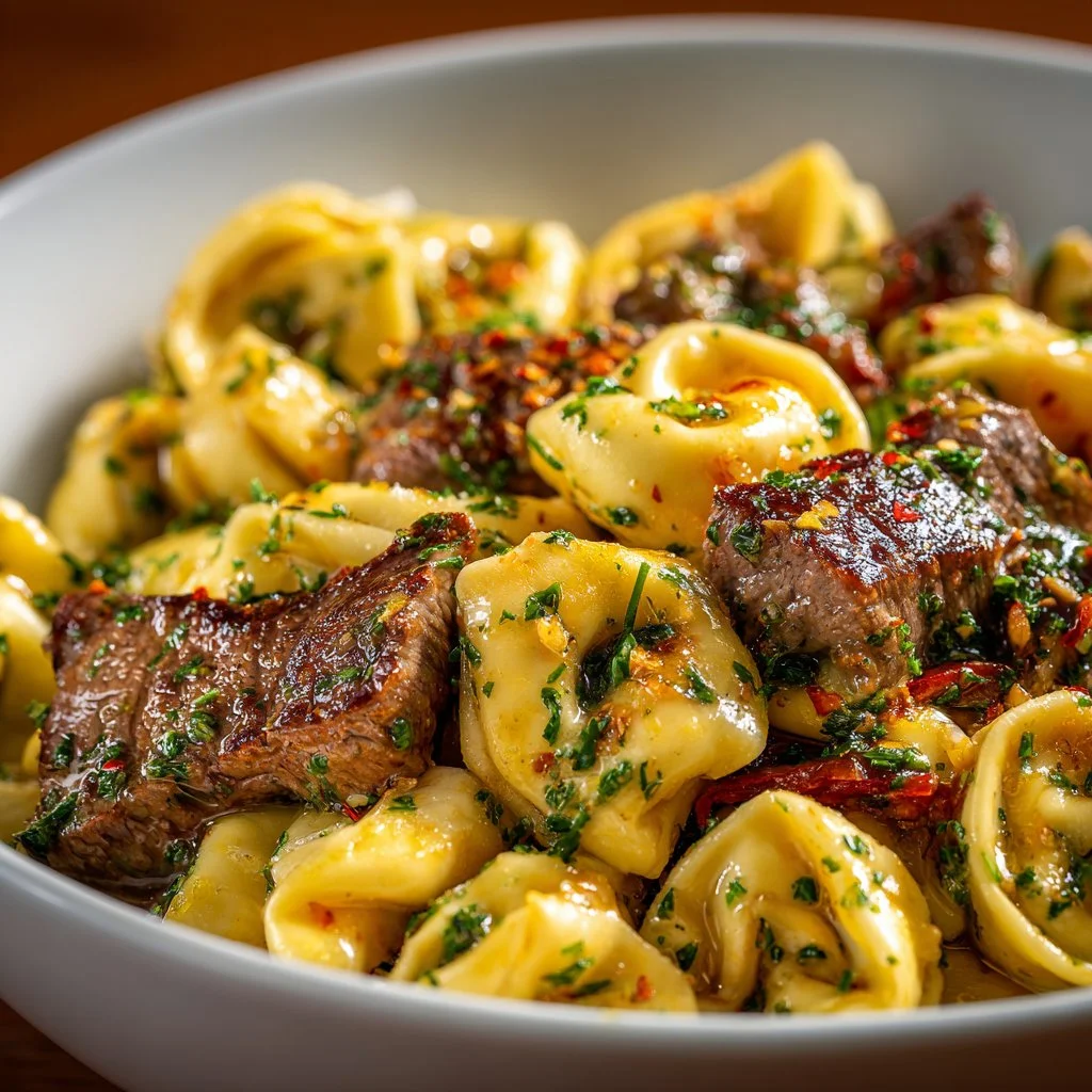 Steakhouse-style tortellini dinner with gourmet sauce and steak garnishes.