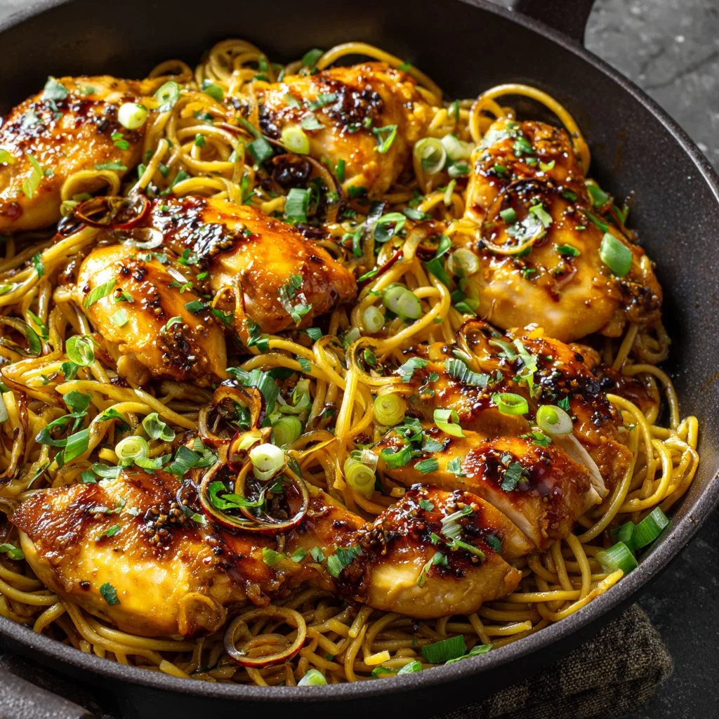 Delicious Sticky Asian Chicken Noodle Skillet with colorful vegetables