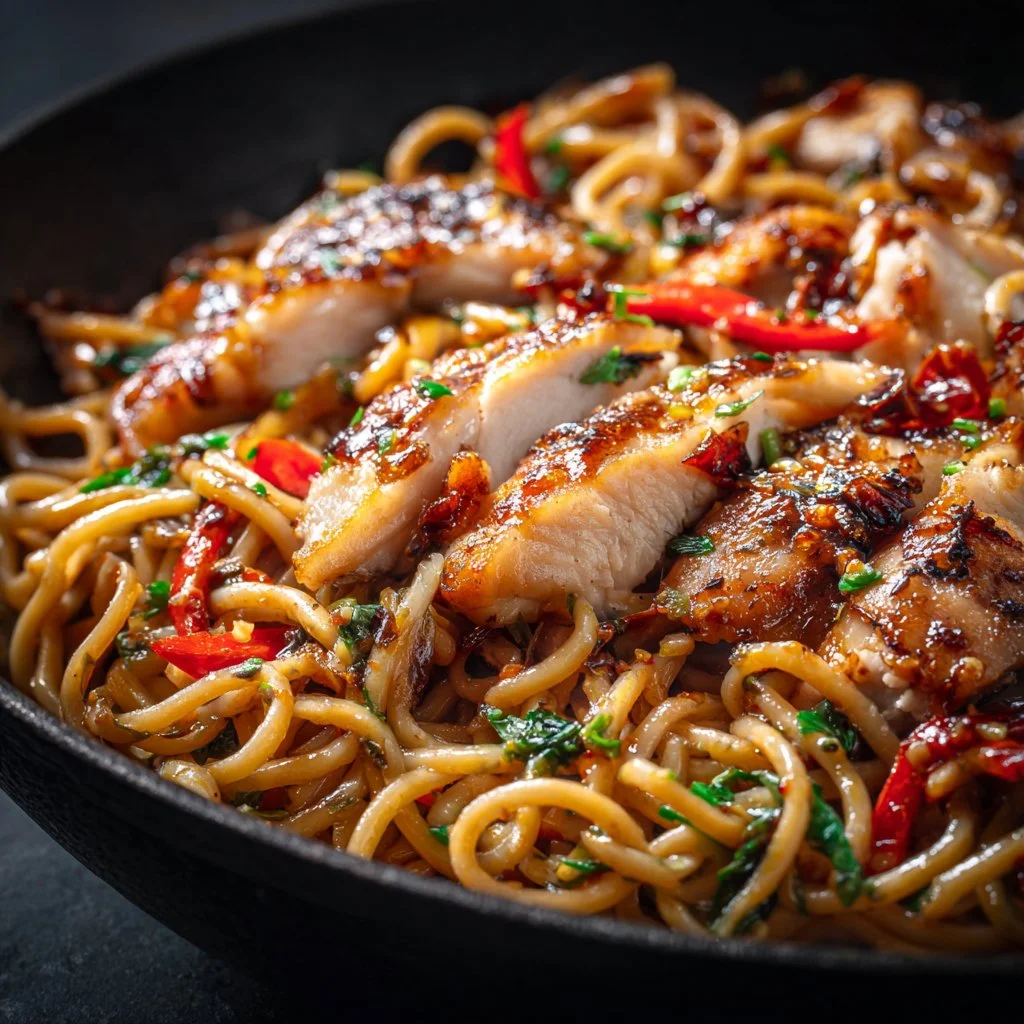 Delicious Sweet Chili Garlic Chicken served with noodles