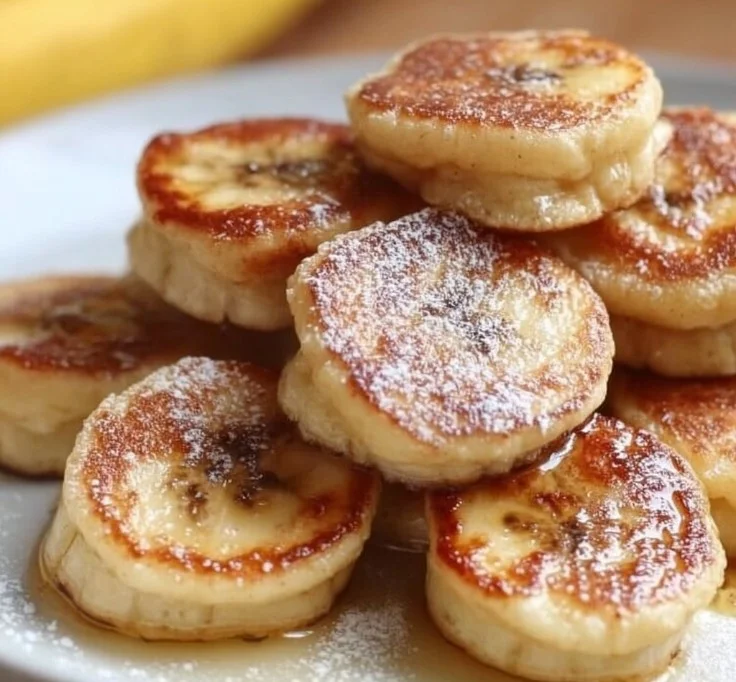 Delicious banana pancake bites served on a plate with syrup and fresh fruit