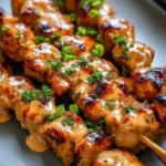 Delicious Bang Bang Chicken Skewers served with spicy sauce
