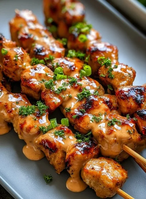 Delicious Bang Bang Chicken Skewers served with spicy sauce